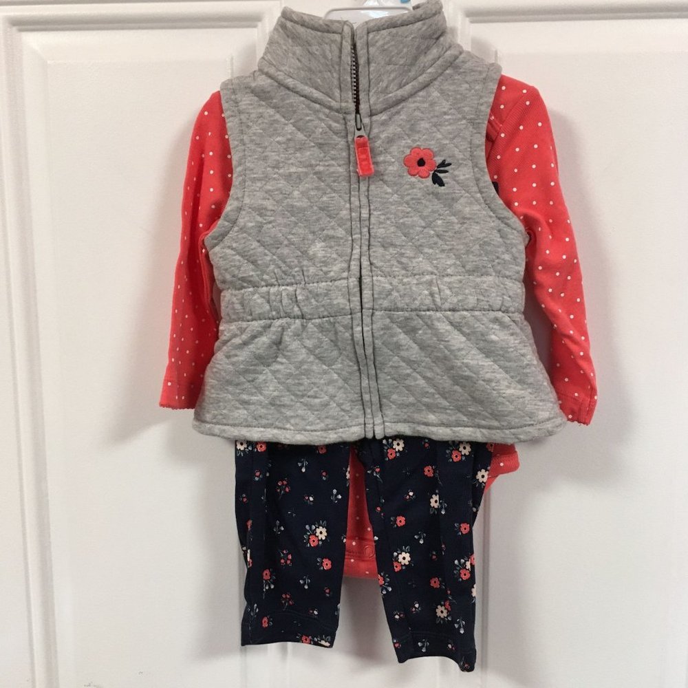 NWOT Carter's 3 Piece Outfit - Vest, Long Sleeve Top & Flowered Pants - 6 mos